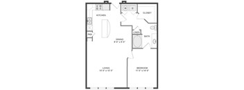 A black and white image of a floor plan for a small apartment.
