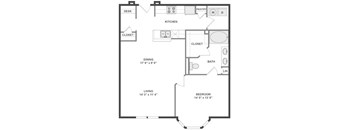 A floor plan of a house with a kitchen, living room, dining room, bedroom, bathroom, and two closets.