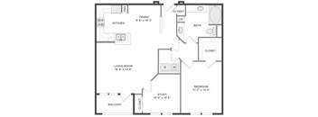 A black and white floor plan of a house with a living room, dining area, kitchen, study, bedroom, bathroom, and balcony.