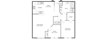 A black and white floor plan of a house with a living room, dining room, kitchen, study, bedroom, and bathroom.