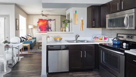 A modern kitchen with dark brown cabinets and stainless steel appliances.
