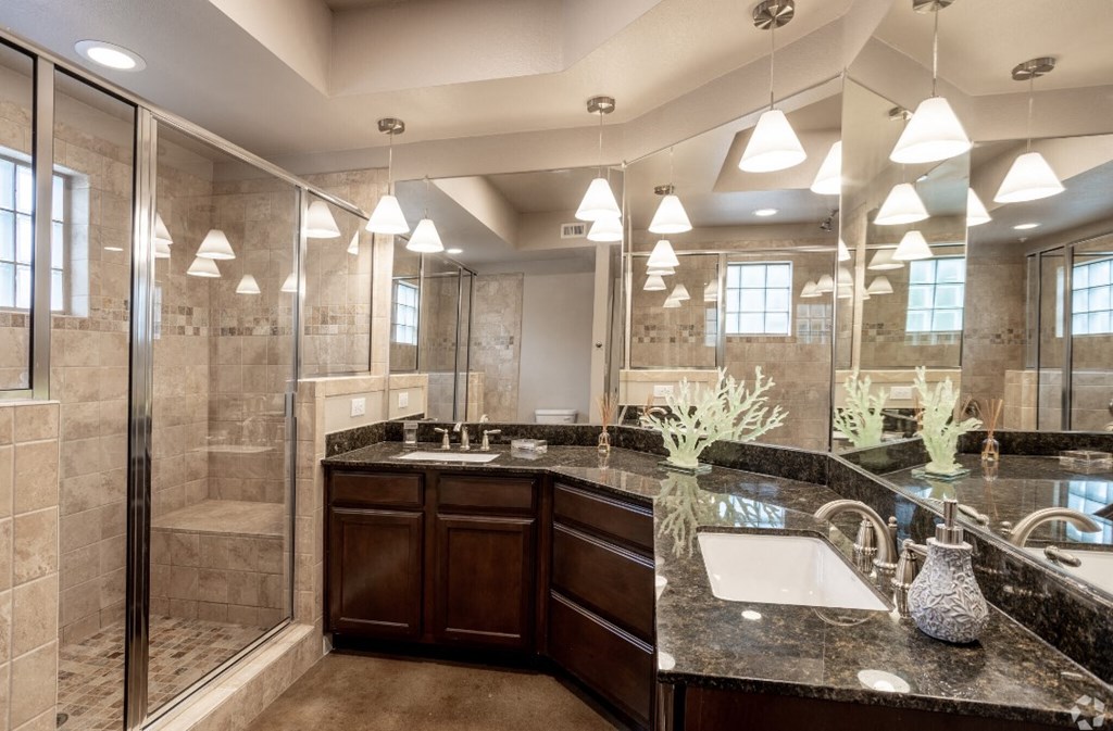 a bathroom with a sink and a shower