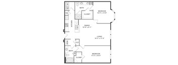 A floor plan of a small apartment with a living room, kitchen, and two bedrooms.