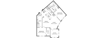 A floor plan of a house with a living room, two bedrooms, a study, a kitchen, a bathroom, and a cloakroom.