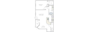 A floor plan of a home with a bedroom, living room, patio, and dining area.
