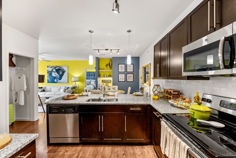A kitchen with a stainless steel dishwasher and oven, and a yellow accent wall.