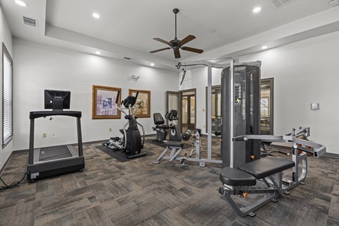 A spacious home gym with a variety of equipment including a treadmill, weights, and a bench press.
