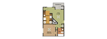 A floor plan of a home with a living room, kitchen, bedroom, and bathroom.