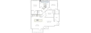 A floor plan of an apartment with a living room, dining room, pantry, and three bedrooms.