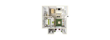 A 3D floor plan of a small apartment with a kitchen, living room, and bathroom.