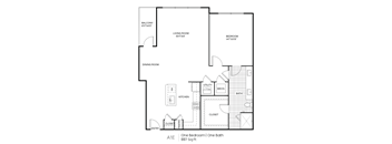 A floor plan of a one bedroom apartment with one bath.