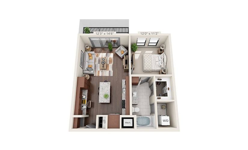 A floor plan of a small apartment with a kitchen, living room, and bathroom.