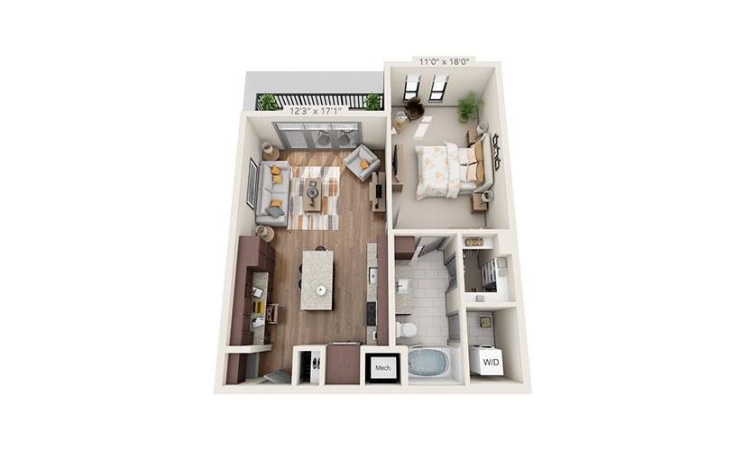 A floor plan of a small apartment with a kitchen, living room, and bathroom.