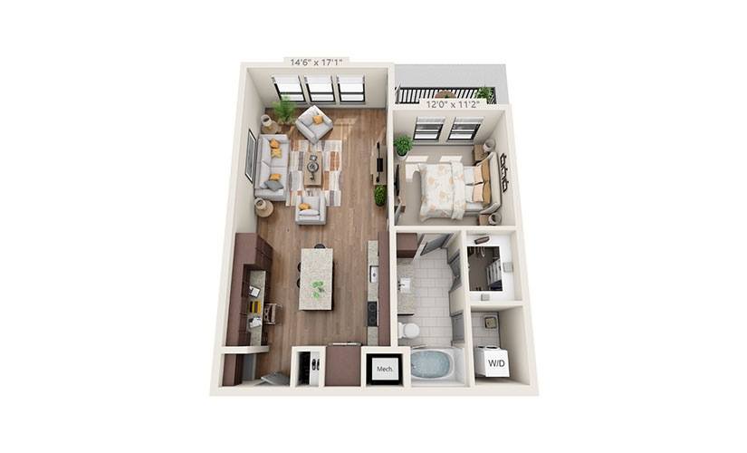 A floor plan of a small apartment with a kitchen, living room, and two bedrooms.