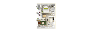 A 3D floor plan of a small apartment with a kitchen, living room, and bathroom.