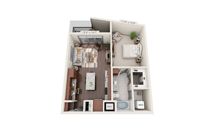 A floor plan of a small apartment with a kitchen, living room, and bathroom.
