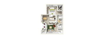 A 3D floor plan of a house with a kitchen, living room, and bathroom.