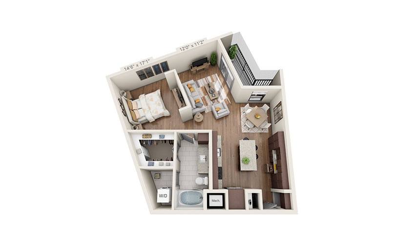 A floor plan of a two-bedroom apartment with a living room, kitchen, and bathroom.