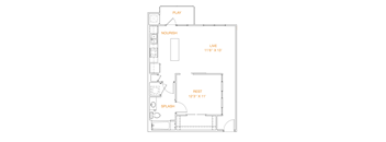 A floor plan of a living space with labeled rooms and dimensions.