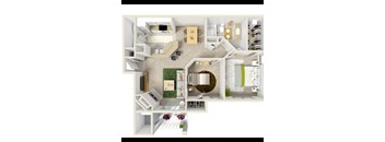 A 3D floor plan of a house with a kitchen, living room, and bedrooms.