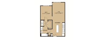 A floor plan of a room with labeled sections including REST, LIVE, NOURISH, and SPLASH.