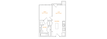 A floor plan of a small apartment with a living room, kitchen, and bathroom.
