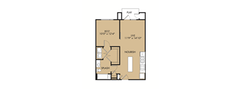 A floor plan of a house with labeled rooms including a play area, rest, live, nourish, and splash.