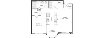 A floor plan of a small apartment with a bedroom, living room, kitchen, and bathroom.