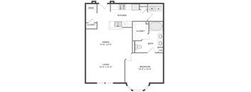 A floor plan of a house with a kitchen, living room, dining room, bedroom, bathroom, pantry, and two closets.