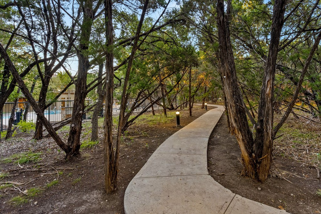 A concrete walkway leads through a grove of trees. at Bridge at Heritage Woods, Texas