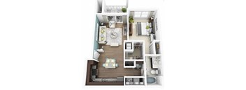 A top-down view of a small apartment with a kitchen, living room, and bathroom.