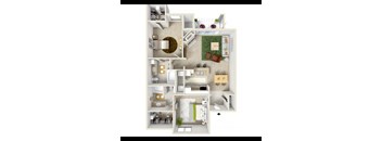 A floor plan of a house with a living room, kitchen, and two bedrooms.