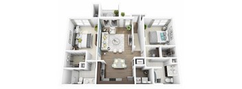 A top-down view of a small apartment layout with a kitchen, living room, and bathroom.
