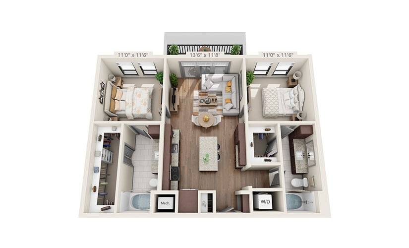 A floor plan of a house with three bedrooms, a living room, a kitchen, and a bathroom.