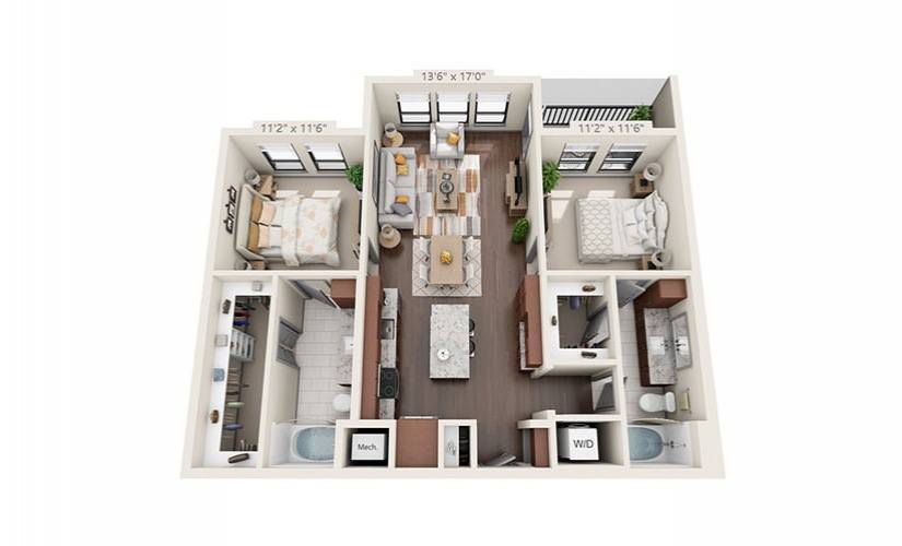 A floor plan of a two bedroom apartment with a living room and kitchen area.