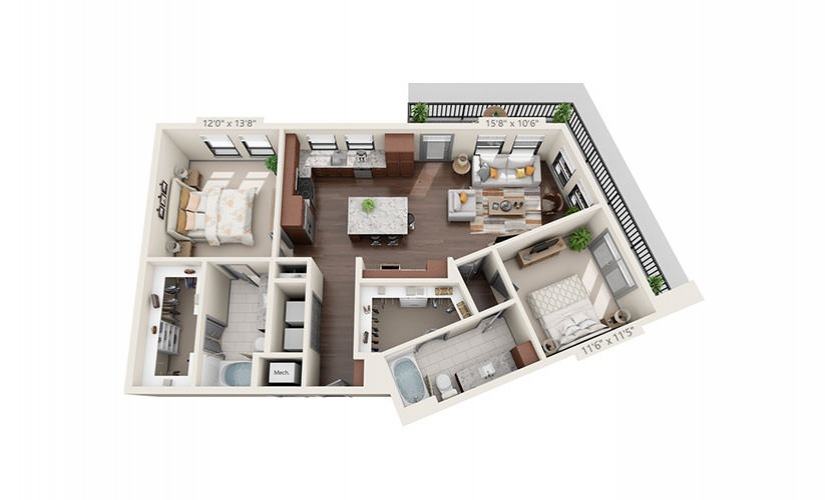 A 3D floor plan of a house with a kitchen, living room, and two bedrooms.