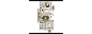 A floor plan of a house with a living room, kitchen, and two bedrooms.