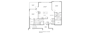A drawing of a two bedroom apartment with two bathrooms.