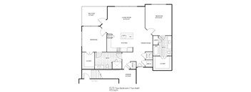 A black and white image of a two bedroom apartment layout.