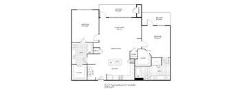 A black and white image of a two bedroom apartment layout.