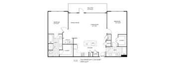 A black and white image of a two bedroom, two bathroom apartment layout.
