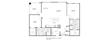 A floor plan of a two bedroom apartment with two bathrooms.