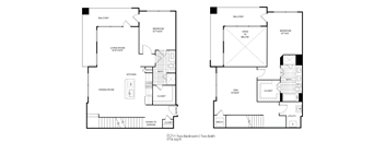 A floor plan of a two bedroom, two bathroom apartment.