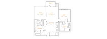 A floor plan of a house with labeled rooms including a play area, three bedrooms, a living room, a dining room, a kitchen, a bathroom, a splash area, and a nourish area.