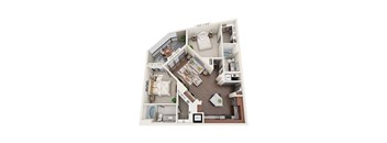A 3D floor plan of a house with a kitchen, living room, and two bedrooms.