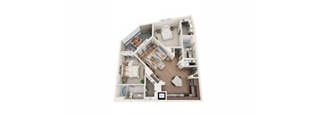 A 3D floor plan of a house with a kitchen, living room, and two bedrooms.