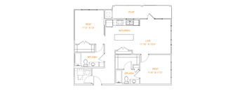A floor plan of a house with labeled rooms such as PLAY, REST, NOURISH, LIVE, and SPLASH.