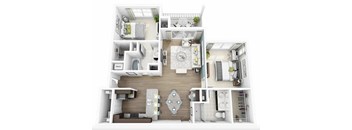 A top-down view of a house layout with multiple rooms and furniture.