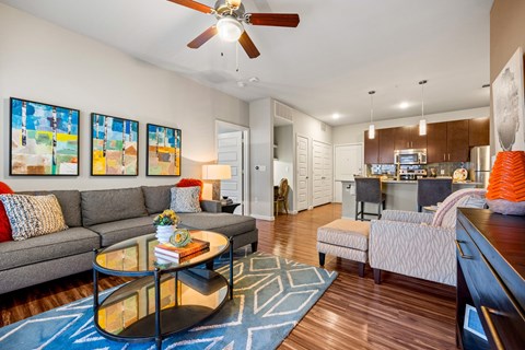 A living room with a grey couch and a coffee table with a blue rug.