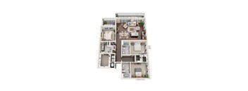 A floor plan of a two-bedroom apartment with a living room, kitchen, and bathroom.